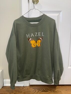 hazel Olive Green Crewneck with Yellow Butterfly Graphic